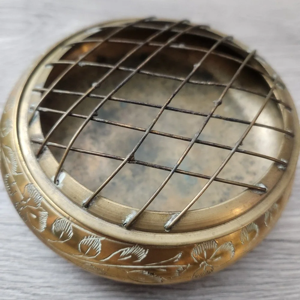 Vintage Etched Brass Rose Bowl Set with‎ Engraved Flowers Frog Mesh Insense Bowl